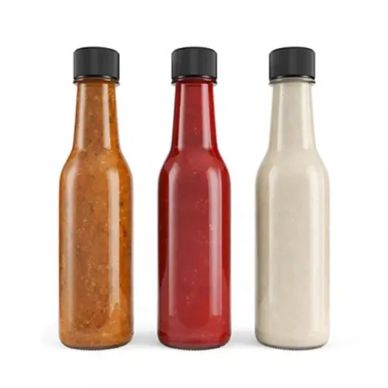 Vente directe d'usine 150 ml facile à verser Sauce Cruet bouteille en verre ronde transparente avec couvercle en plastique noir